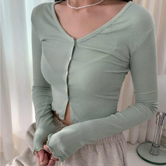 Sage Green Button Down Ribbed Top - Picture 1 of 2